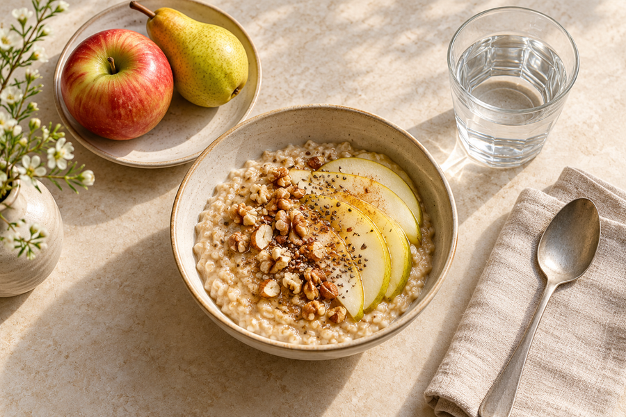 A breakfast bowl with pear, fruit and water in an everyday table setting.