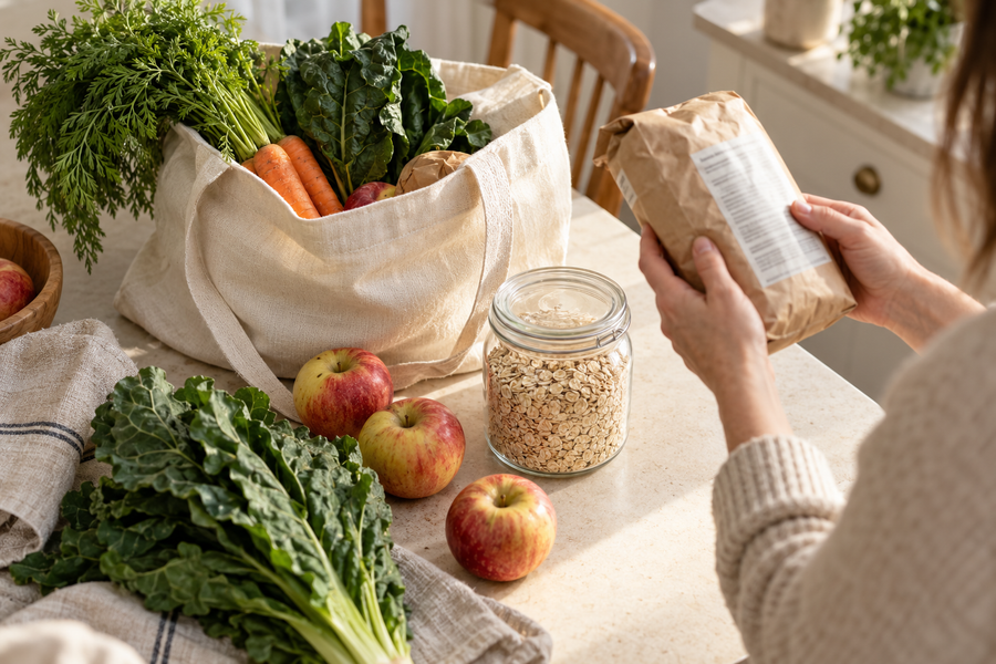 Someone checking a food packet beside oats, apples and fresh vegetables.
