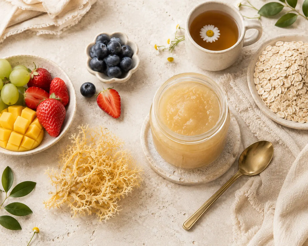 Jar of golden sea moss gel with fruit, oats and dried sea moss on a light background.