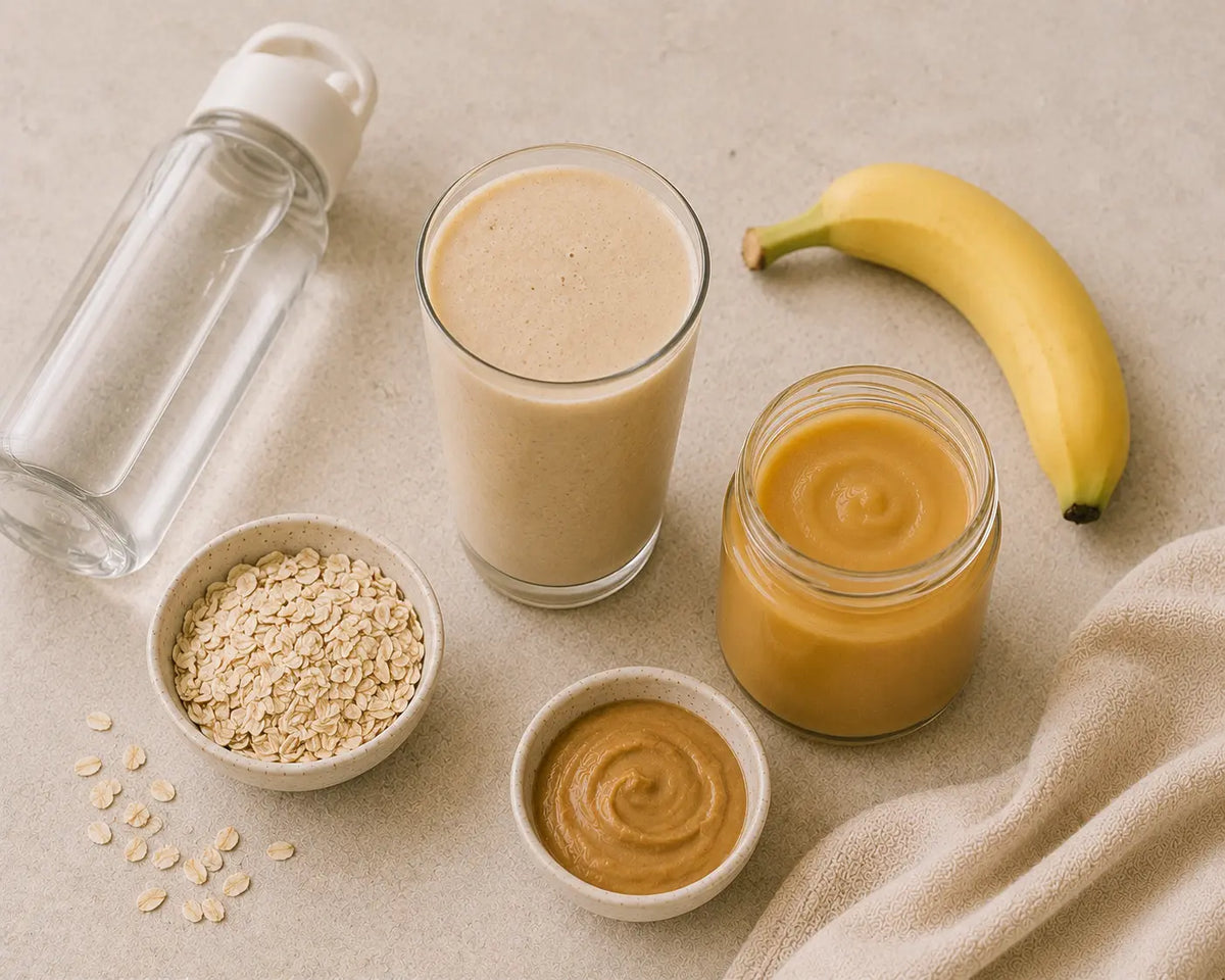 Smoothie, oats, banana, peanut butter and golden sea moss gel on a light stone background.