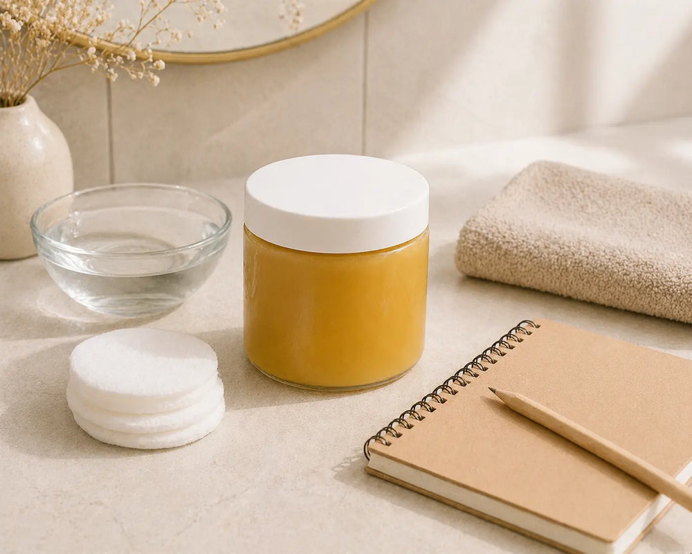 Sea moss gel beside cotton pads, a bowl of water and a notebook for patch testing.