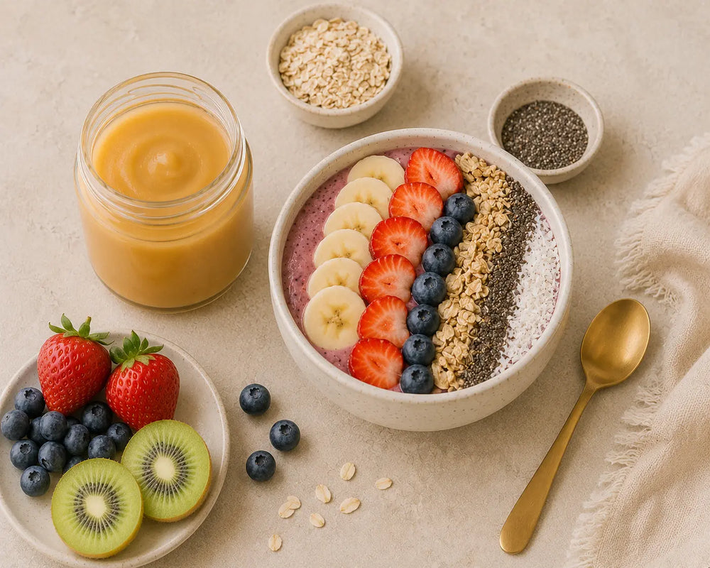 Smoothie bowl beside golden sea moss gel, fresh fruit, oats and chia seeds.