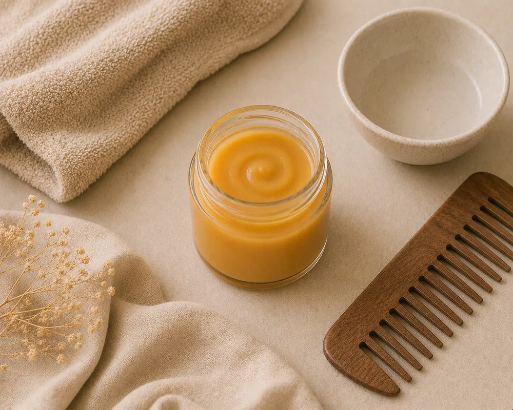 Sea moss gel beside a wide-tooth comb, towel and simple hair care props.