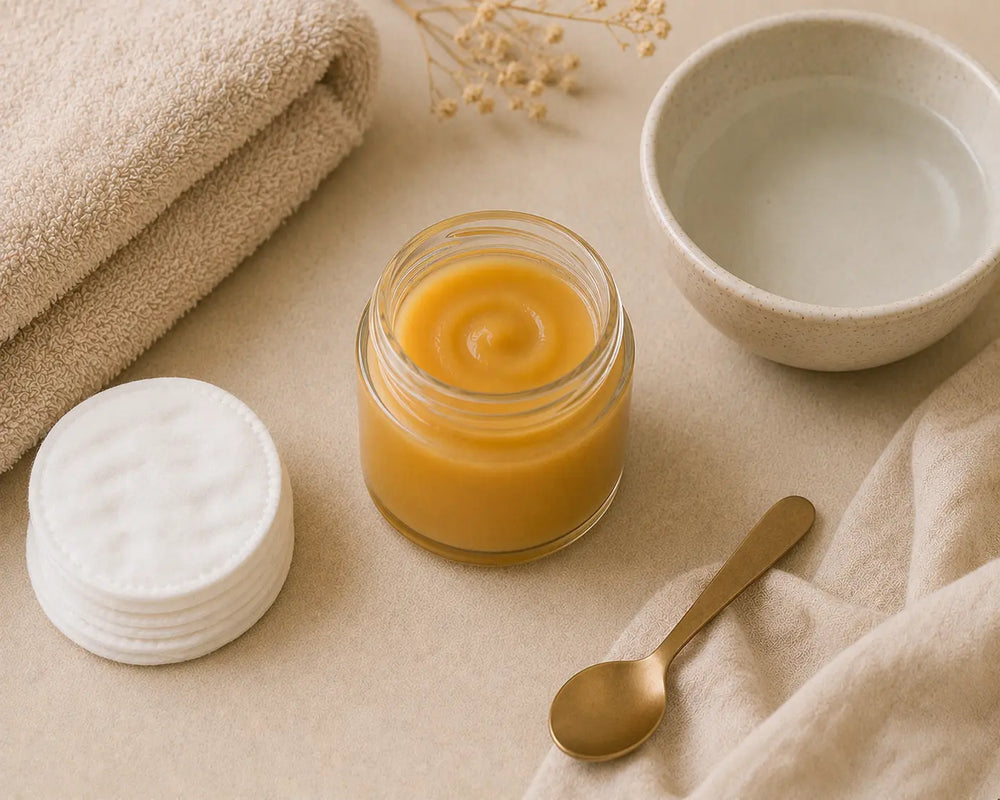 Sea moss gel beside cotton pads, a towel and simple skincare props.