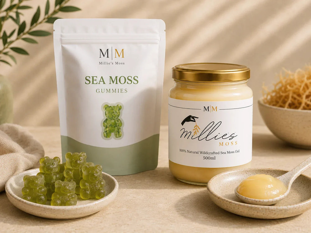 Millie’s Moss sea moss gummies and golden sea moss gel displayed together on a natural cream surface with sea moss and green gummies.