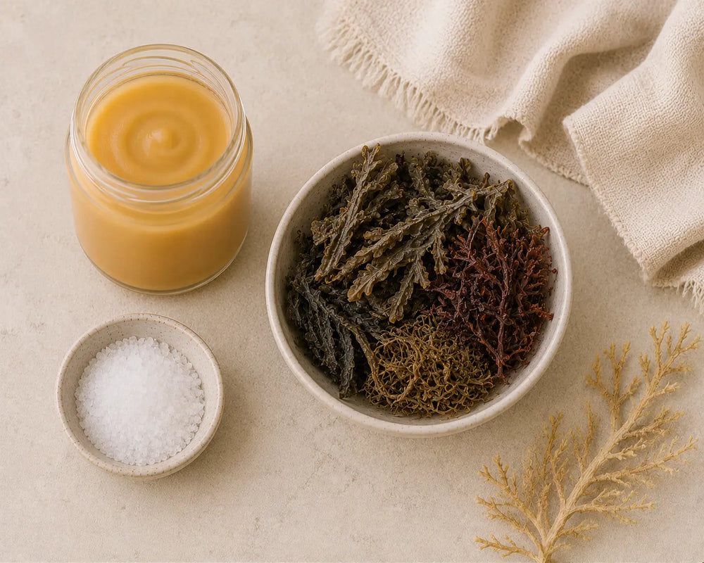 Golden sea moss gel beside dried seaweed and iodised salt on a light stone background.