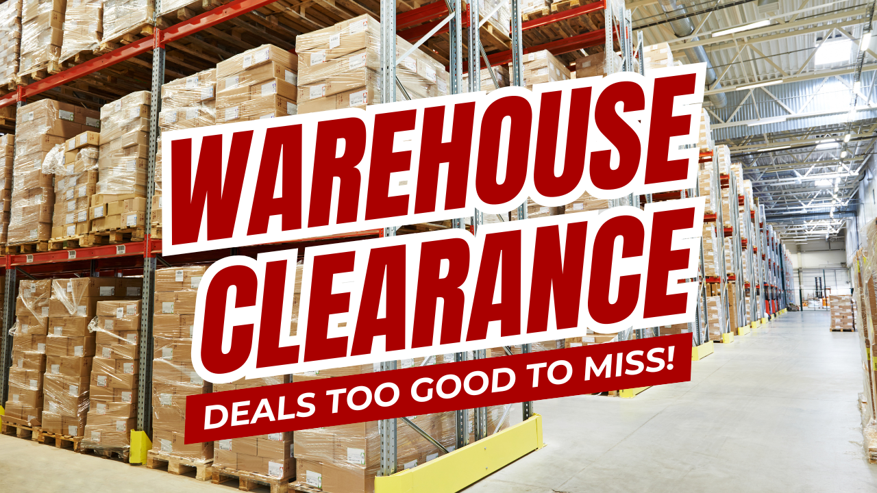 Image of warehouse with stacks of packages and wording warehouse clearance in red