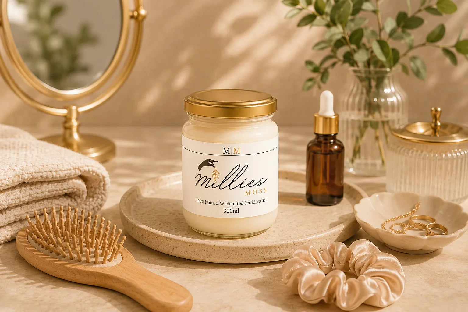 Millie’s Moss sea moss gel styled on a warm self-care vanity with a hairbrush, towel, mirror, dropper bottle and silk scrunchie.