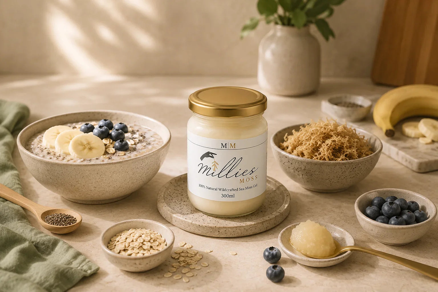 Millie’s Moss sea moss gel with oats, blueberries, dried sea moss and a spoon of gel in a warm breakfast setting.