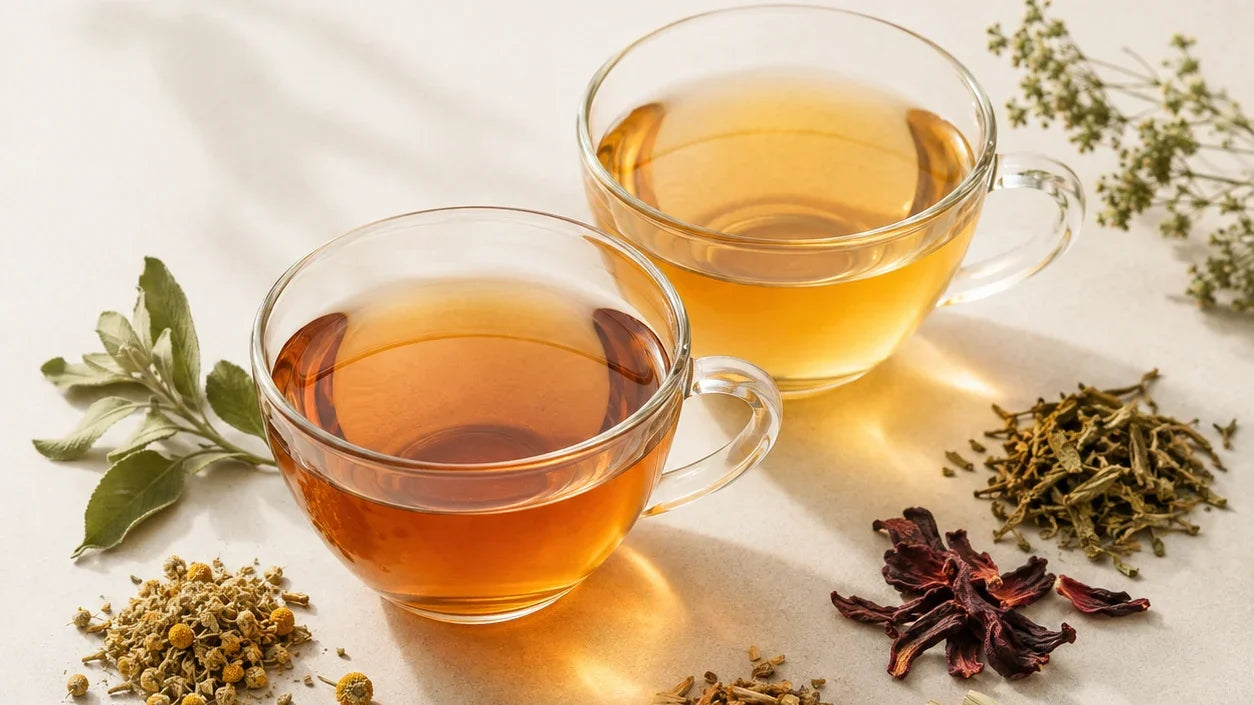 Two clear cups of herbal tea surrounded by loose leaf herbs and botanicals for the Millie’s Moss Herbal Teas & Loose Leaf Blends collection.