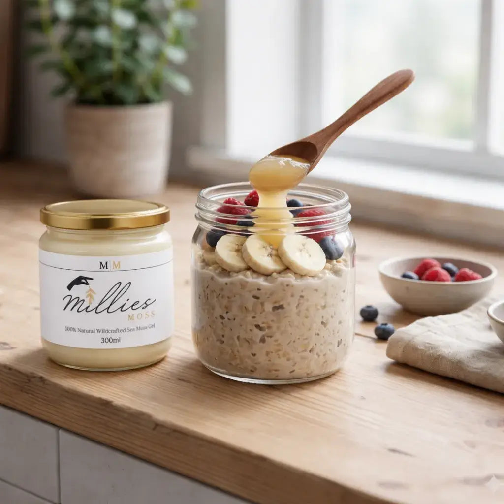 Overnight oats topped with fruit and Millies Moss sea moss gel