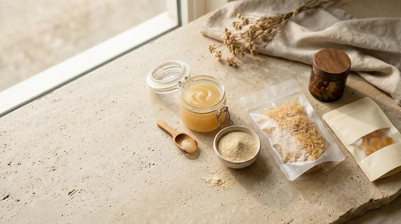 Sea moss gel and dried sea moss ingredients on a kitchen counter