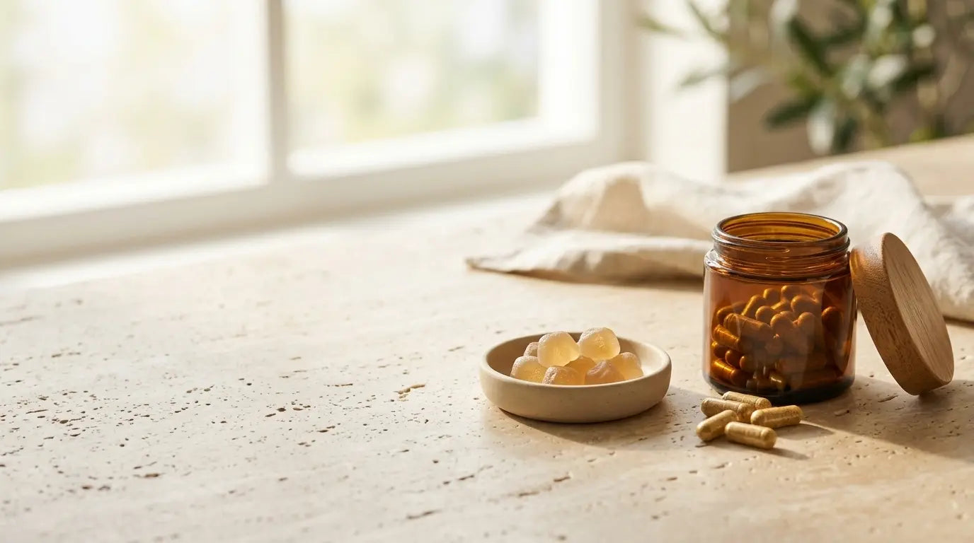Sea moss capsules and gummies in jars on a kitchen counter