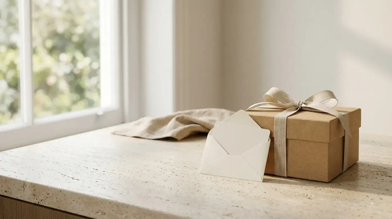 Gift box with card on a kitchen counter by a window