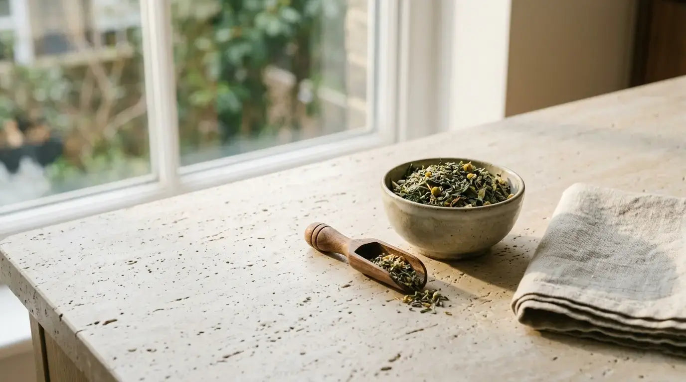 Dried herbs in a bowl with a wooden scoop on a kitchen counter