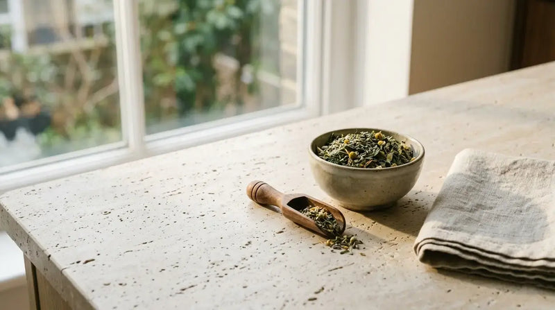 Dried herbs in a bowl with a wooden scoop on a kitchen counter
