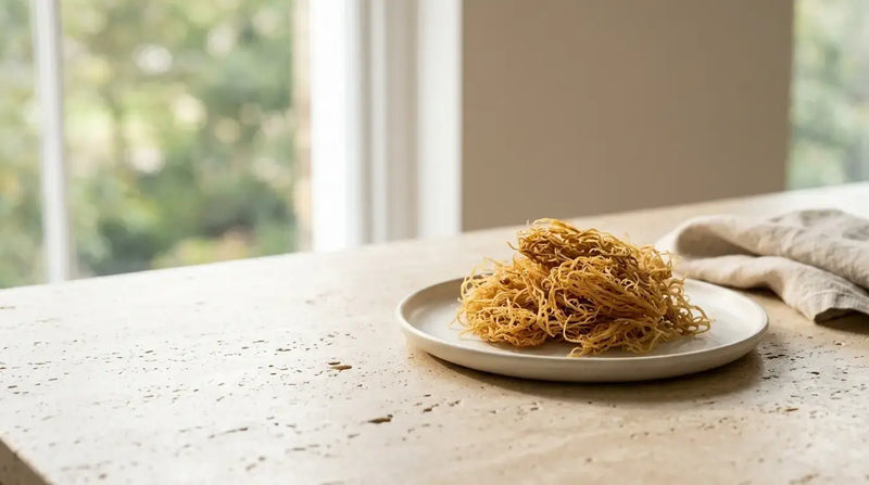 Raw dried sea moss on a plate on a kitchen counter