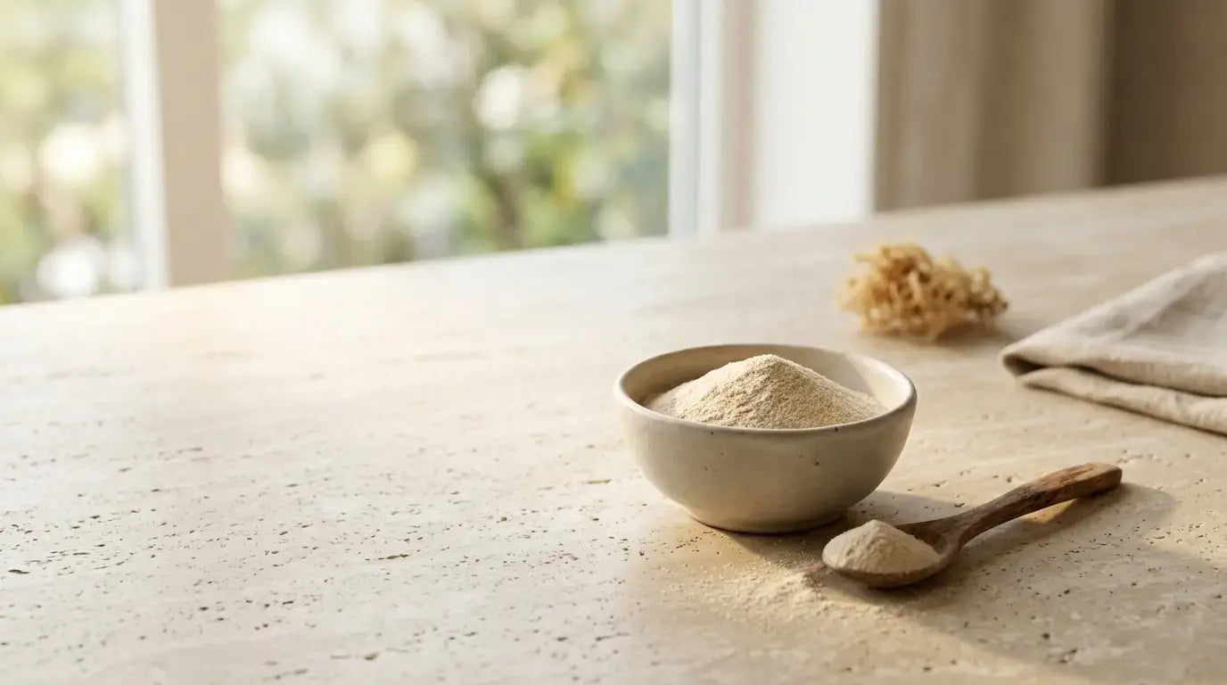 Sea moss powder in a bowl with a spoon on a kitchen counter