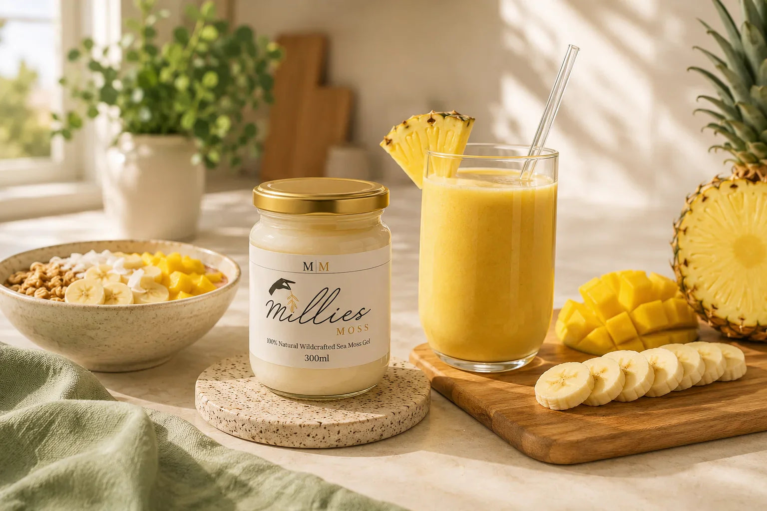 Millie’s Moss sea moss gel with a tropical smoothie, mango, pineapple, banana and breakfast bowl in a bright morning setting.