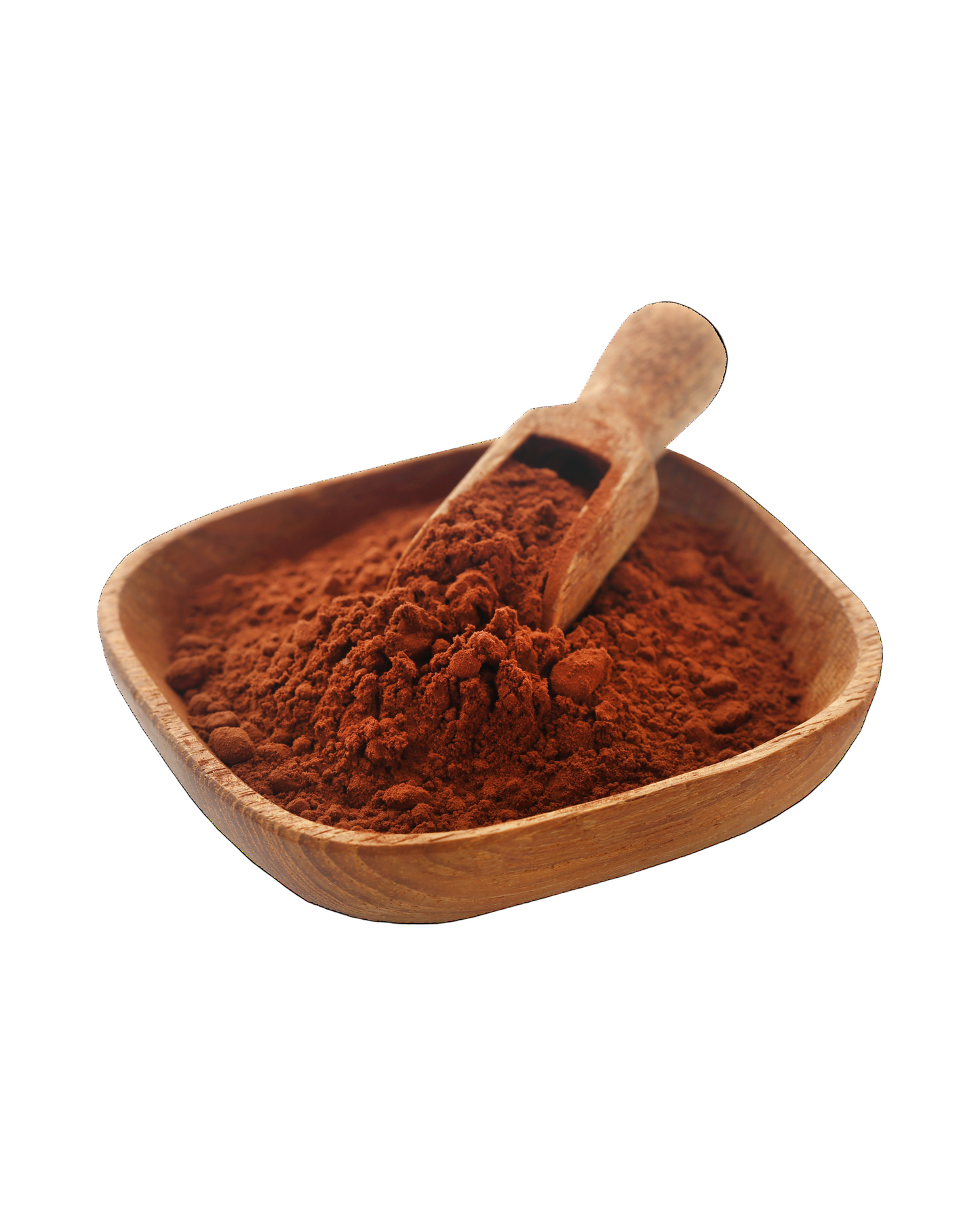 Wooden bowl filled with cocoa powder and a wooden scoop on a white background, made from raw cacao beans, known for its antioxidant properties and mood-boosting benefits.