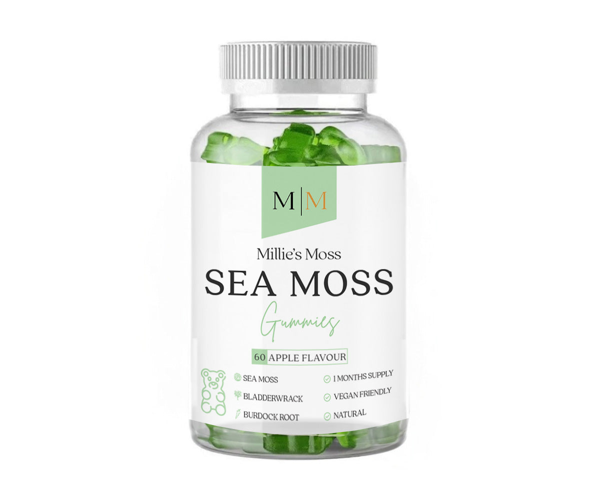 Front view of Millie's Moss Vegan Sea Moss Gummies bottle. The label shows the product name, a green apple flavor indication, and key ingredients like sea moss, bladderwrack, and burdock root in a clear, white bottle with green gummies visible inside.