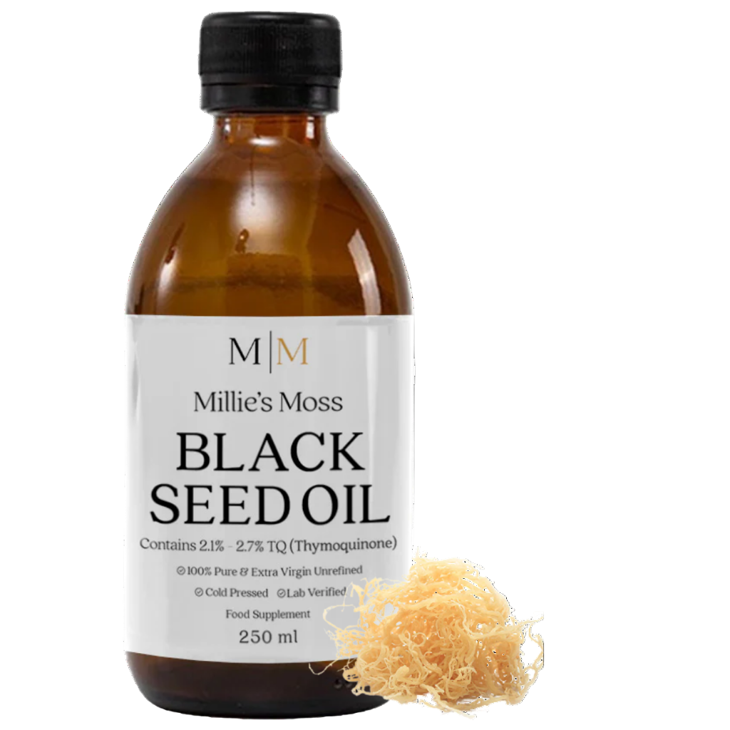 Bottle of Millie's Moss Black Seed Oil and Dried Sea Moss on a white background