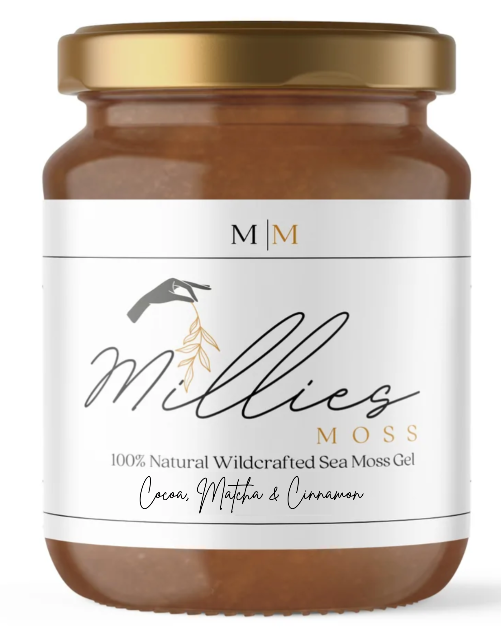 Jar of Millies Moss Cocoa, Matcha, Cinnamon sea moss gel with a gold lid on a white background