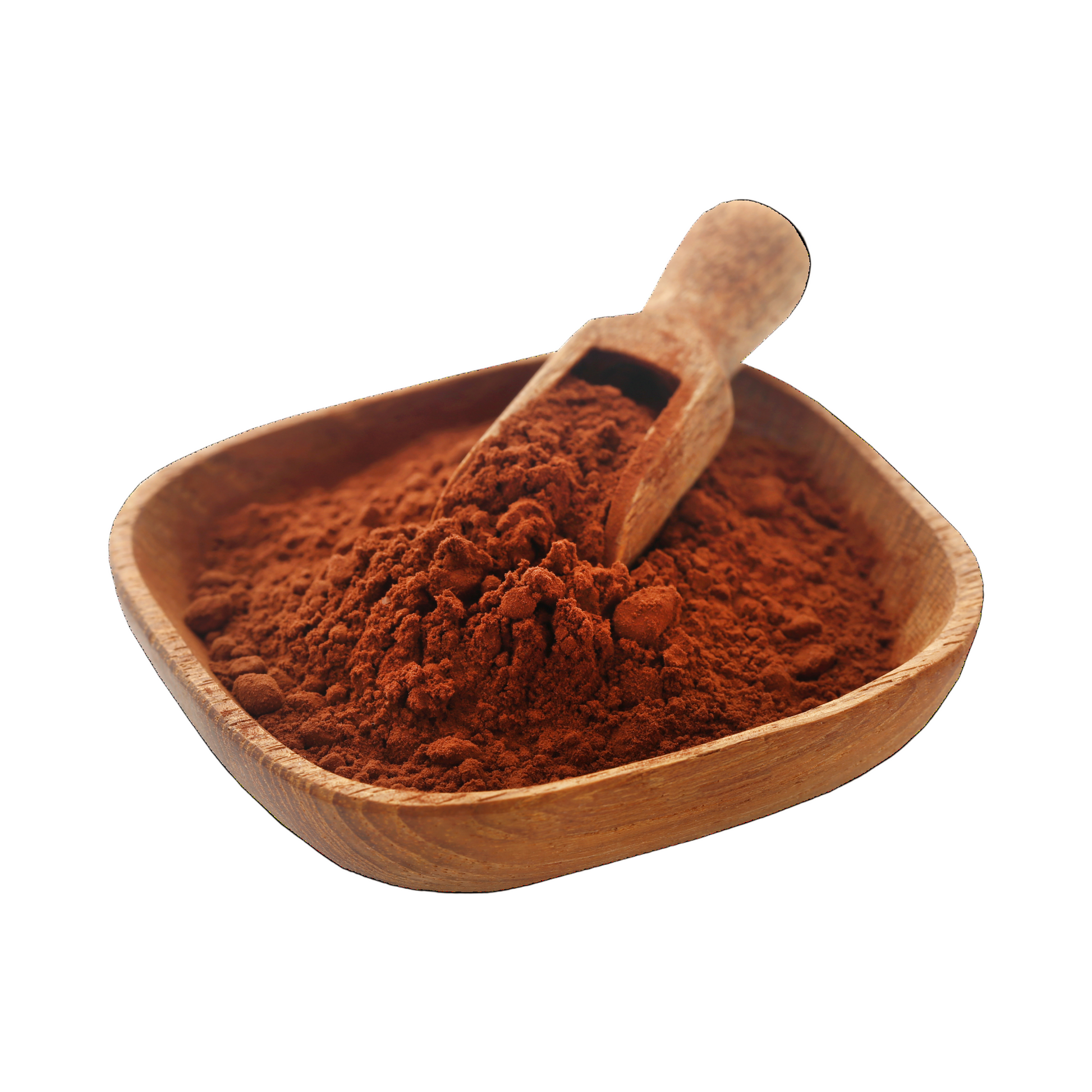Wooden bowl filled with cocoa powder and a wooden scoop on a white background, made from raw cacao beans, known for its antioxidant properties and mood-boosting benefits.