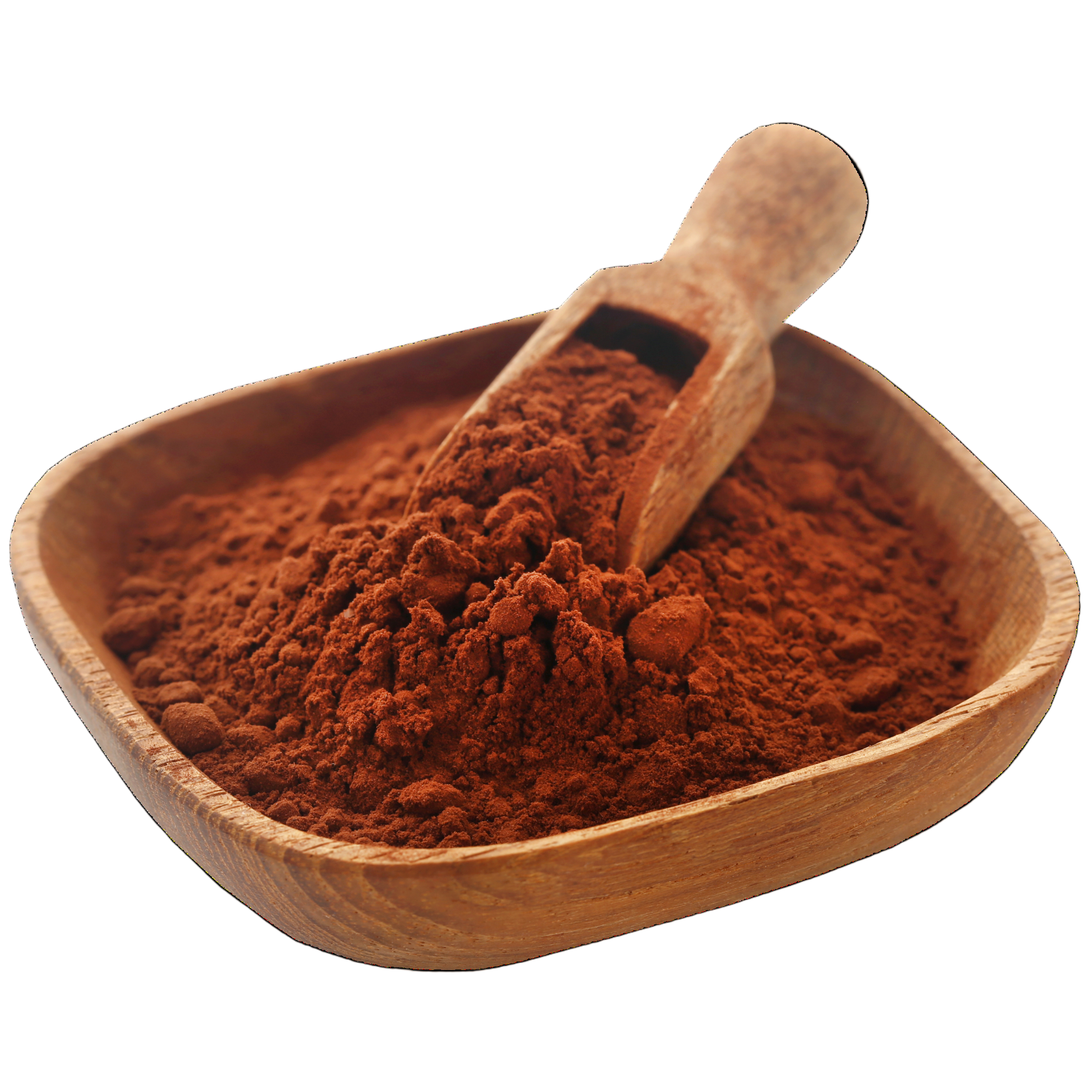 Wooden bowl filled with cocoa powder and a wooden scoop on a white background, made from raw cacao beans, known for its antioxidant properties and mood-boosting benefits.