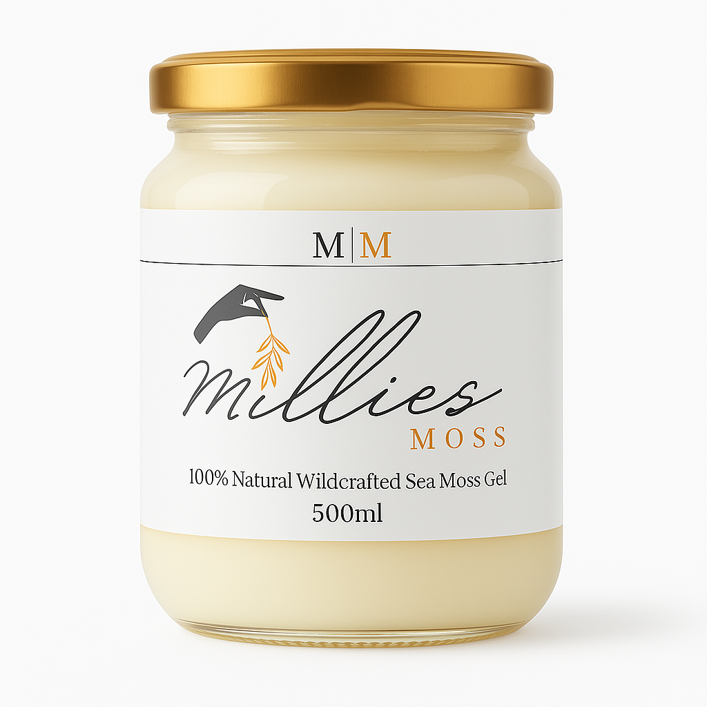 A jar of Millies Premium Golden Sea Moss Gel, labeled 500ml size, with a white and gold color scheme. Front view1