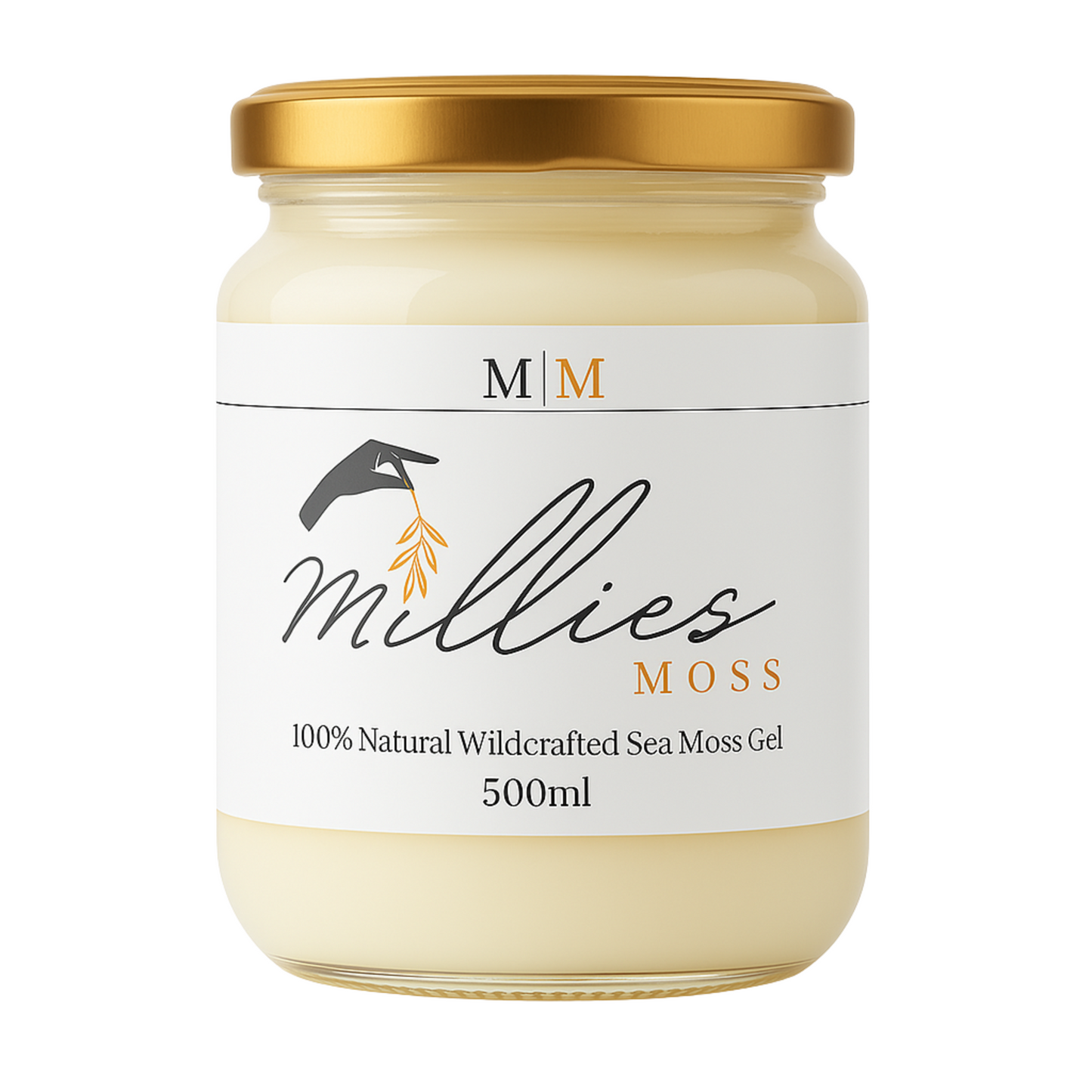 A jar of Millies Premium Golden Sea Moss Gel, labeled 500ml size, with a white and gold color scheme.