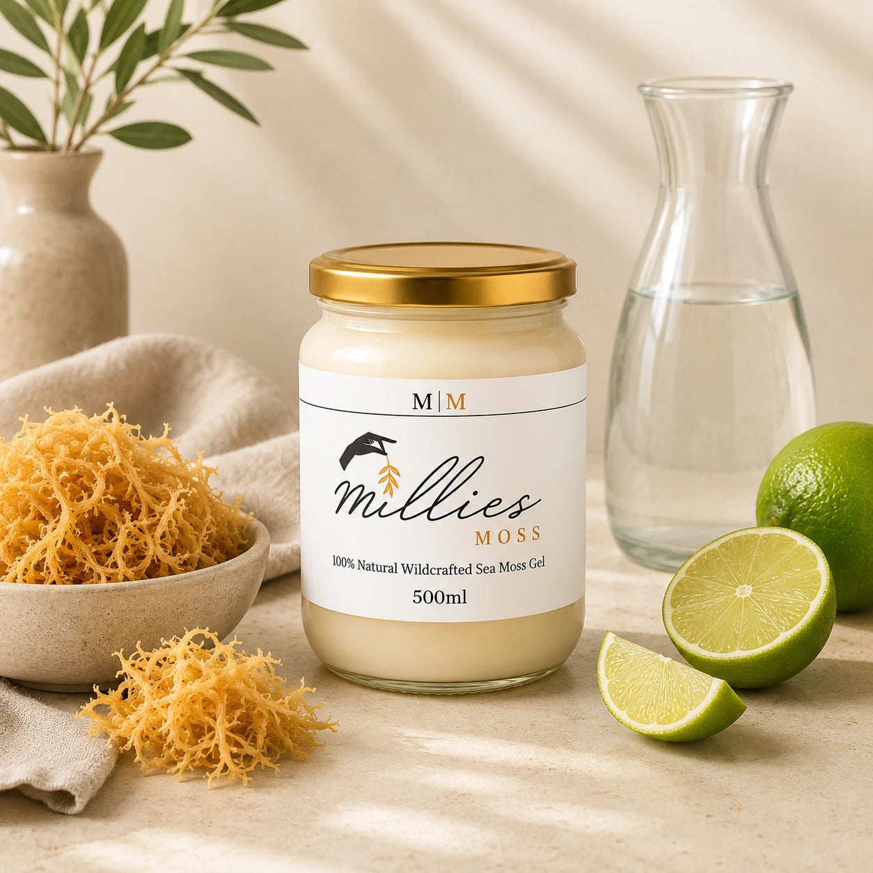 Jar of Millie's Moss Golden Sea Moss Gel 500ml on a table with sea moss, limes, and a vase in the background.