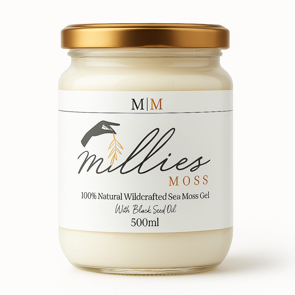 Front view of a 500ml jar of Millie’s Moss Sea Moss Gel infused with black seed oil, a nutrient-rich natural supplement for immunity and skin health.