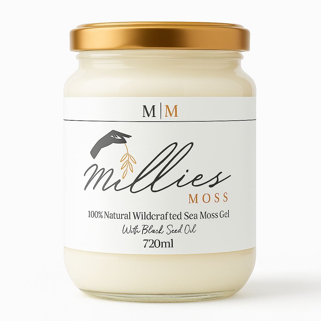Front view of a 720ml jar of Millie’s Moss Sea Moss Gel infused with black seed oil, a nutrient-rich natural supplement for immunity and skin health.