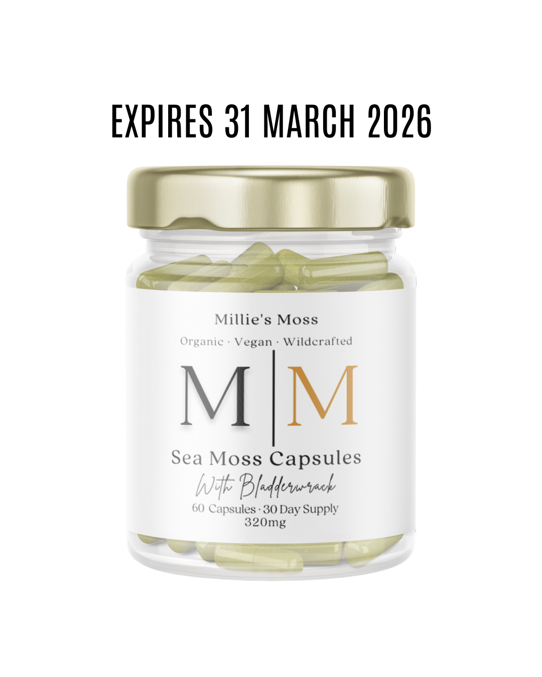 Jar of Millie's Moss Sea Moss with Bladderwrack Capsules with a gold lid on a white background. With Expiration date 31 March 2026