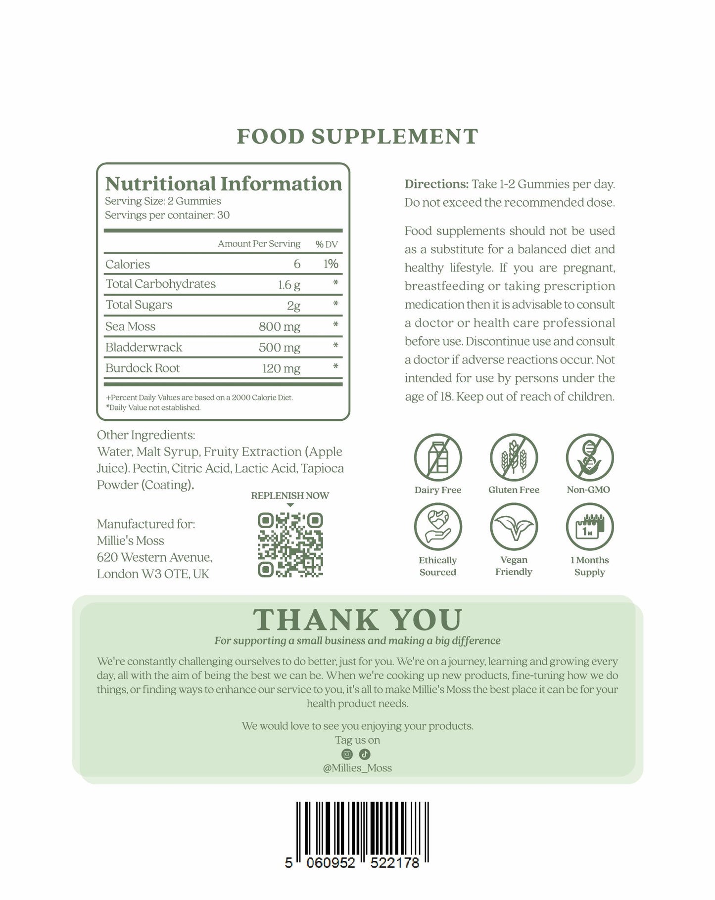 Nutritional information on packet of Millie’s Moss Sea Moss Gummies containing 60 apple-flavoured gummies made with sea moss, bladderwrack, and burdock root. The packaging features a clean, modern design highlighting the natural ingredients.