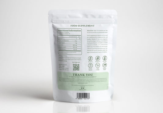 Rear view of Packet of Millie’s Moss Sea Moss Gummies containing 60 apple-flavoured gummies made with sea moss, bladderwrack, and burdock root. The packaging features a clean, modern design highlighting the natural ingredients.