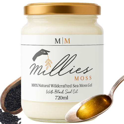 Jar of Millie's Moss Sea Moss gel infusd with blackseed oil with images of black seeds and oil on a spoon