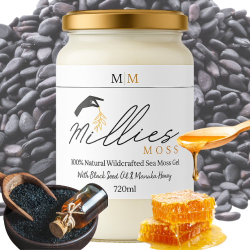 Image of Sea Moss Gel Infused With Black Seed Oil & Manuka Honey featuring a bowl of blackseeds and manuka honey with blackseeds  in the background 