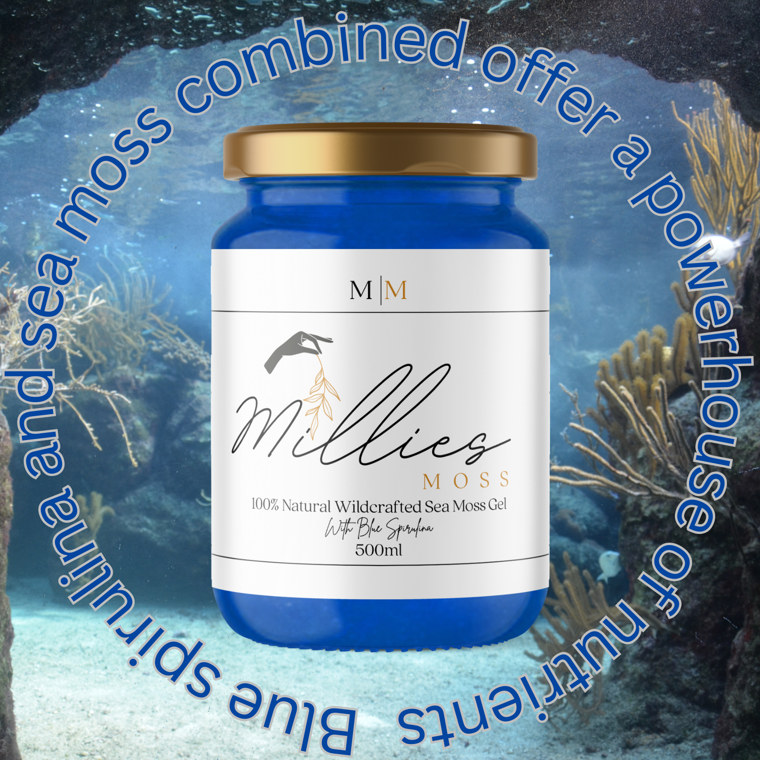Blue bottle with gold lid labeled 'Millies Moss' against an underwater coral background