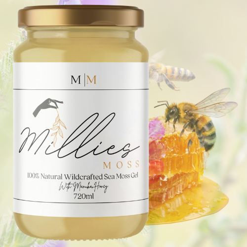 Jar of Millies Moss Natural Wildcrafted Sea Moss Gel with Manuka Honey, surrounded by bees and honeycomb.