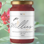 Jar of Millie's Moss Sorrel infused gel with an image of the Sorrel, hibiscus plant on a light green background