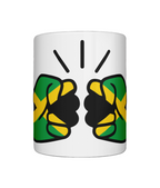 White coffee, tea mug featuring a colorful We Run Tings logo with the patriotic flag of Jamaica on a white background; presented as a great gift idea. White mug with black, green, and yellow design of raised fists on a white background