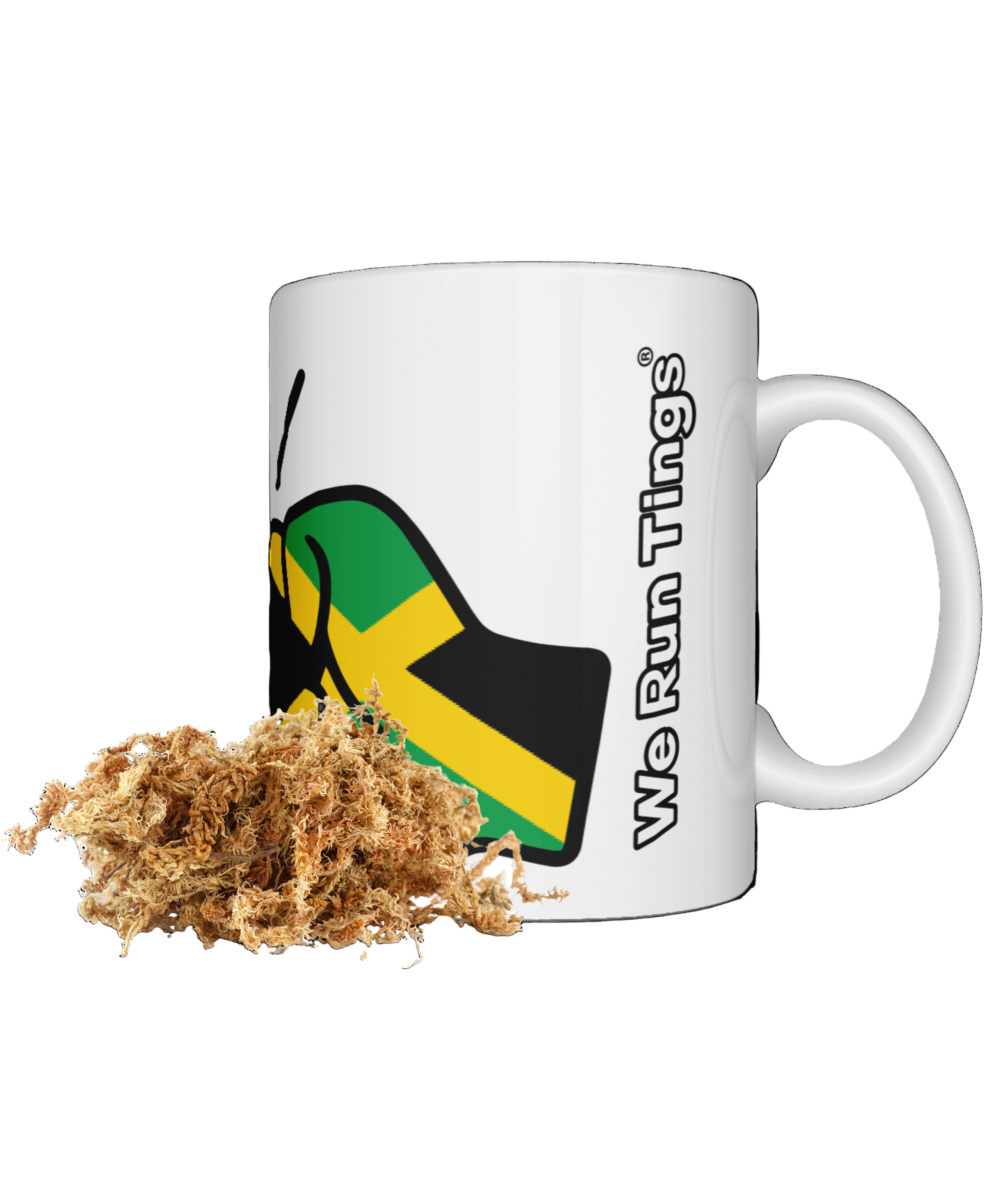 Dried Sea Moss and a White coffee,  tea mug featuring a colorful We Run Tings logo with the patriotic flag of Jamaica on a white background; presented as a great gift idea.