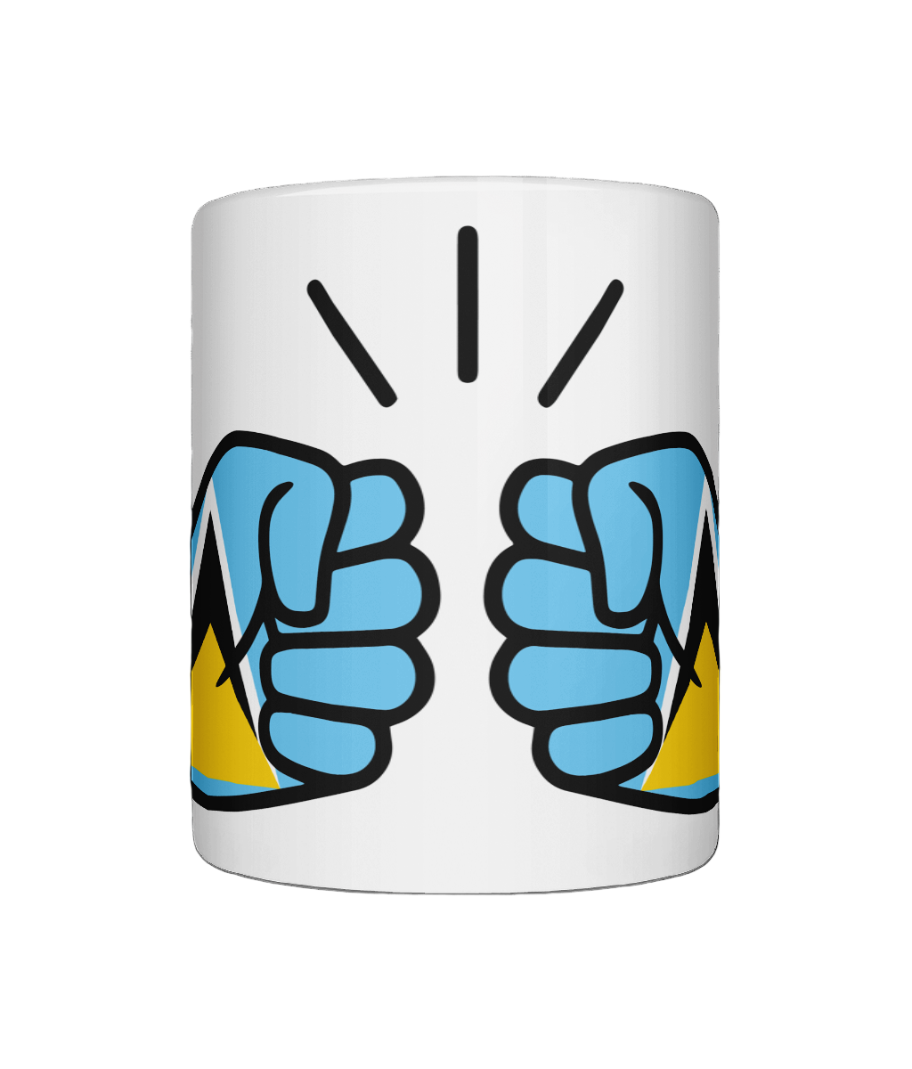 White coffee, tea mug featuring a colorful We Run Tings logo with the patriotic flag of St Lucia on a white background; presented as a great gift idea.