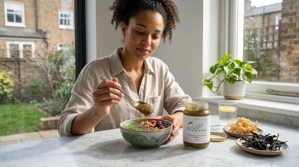 Person adding sea moss gel to a healthy smoothie bowl with berries and granola
