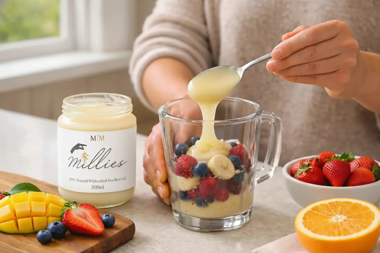 Adding sea moss gel to a smoothie with fresh berries and banana