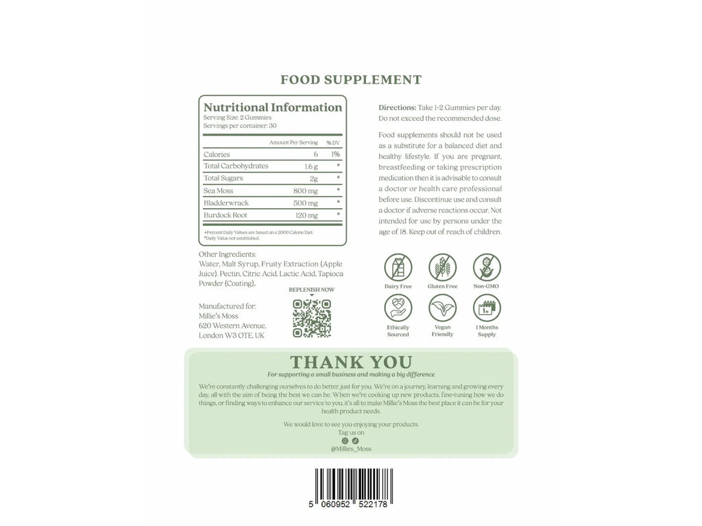 Back label for Millie’s Moss Apple Sea Moss Gummies showing nutrition information, directions and ingredients.