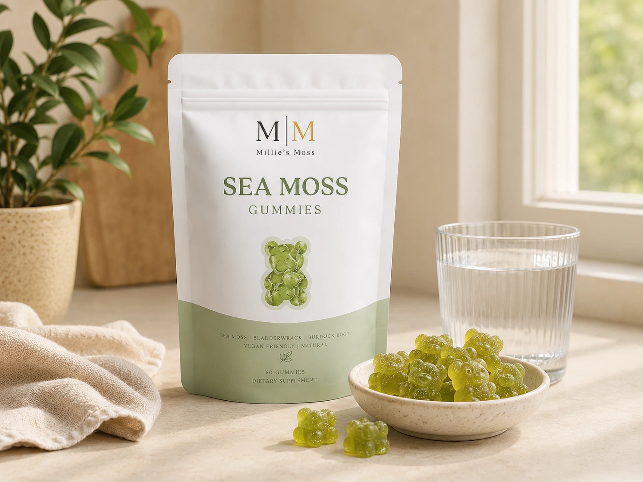 Millie’s Moss Apple Sea Moss Gummies pouch with green gummies and a glass of water on a kitchen counter.