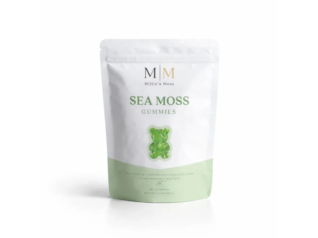 Millie’s Moss Apple Sea Moss Gummies front pouch showing green apple-flavoured sea moss gummies.